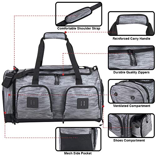 40 Liter Duffle Bag - 22 Inch Duffle Bag Extra Large Wide Open Multi Pocket Duffle Bags for Men and Women with Shoes Compartment (Heather Grey)