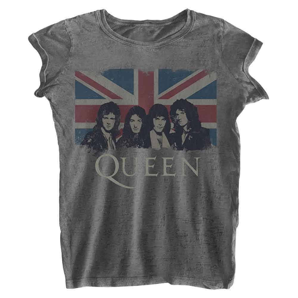 Rock Off Officially Licensed Products Women's Charcoal Queen T Shirt Vintage Union Jack Logo Official Grey Burnout Xxl