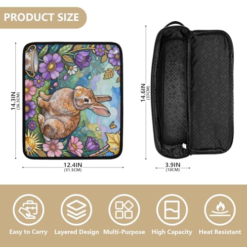 Bolsa de viaje para herramientas de cabello con almohadilla resistente al calor para plancha y rizador, organizador impermeable, diseño con conejo y flores miniatura 4