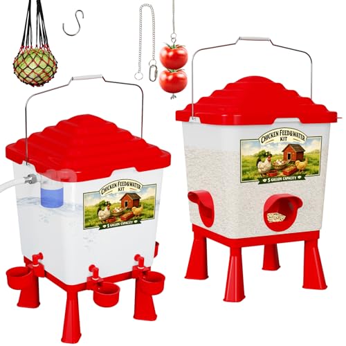 5 Gallon Automatic Chicken Feeder & Waterer Set, BPA-Free Poultry Waterer with Float Valve & Cup Drinkers, Top-Fill Bucket, Anti-Roost Cone, with Handles &Legs No-Waste Feeder (Red)