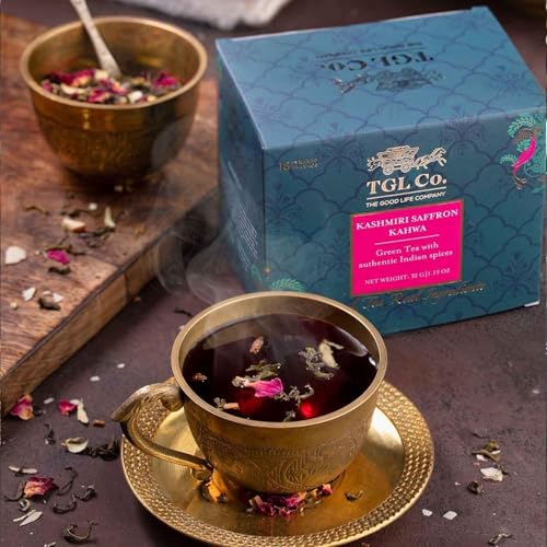 Image of TGL Co. The Good Life Company Kashmiri Saffron Kahwa Retail Teabag Box (15 + 1 Teabags) Pouch, 32 g