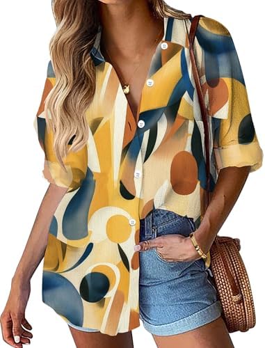 HOTOUCH Womens Linen Button Down Shirt Casual Long Sleeve Cotton ...