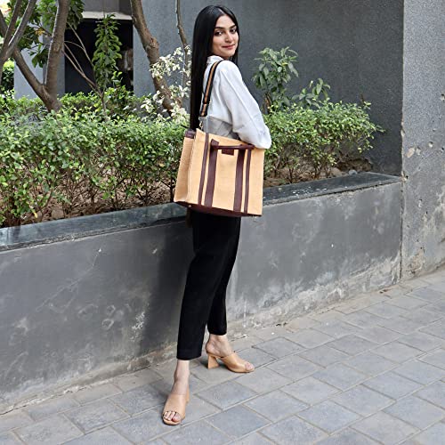 Image of Book Tote Handbag | Handloom Woven Cotton And Vegan Leather | Laptop | Tote Bags for Women For Office Use, Work | Ladies Stylish Shoulder Bag | Ethically Sourced, Lightweight