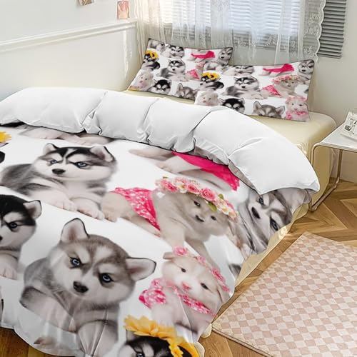 YCJUGWSP Cute Puppy Huskies with Flowe Comforter Sets Full Size 3 Pcs Comforter Set Bedding for Girls Boys,All Season Bed Sets,Bedroom Decor with 2 Pillowcases 79"x90"
