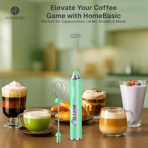 Image of HOMEBASIC Coffee Frother Electric Handheld, 3-Speed Milk Frother Rechargeable with Dual 304 SS Whisks, 8000 RPM Foam Maker for Latte, Cappuccino, Matcha, Eggs | Whisk Wave (GRN)