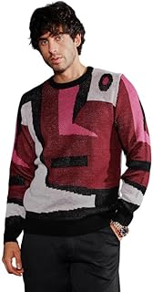 campus sutra Men Sweater | Crew Neck, Long Ribbed Cuff Sleeves | Pull On, Ribbed-Straight Hem | Abstract Jacquard | Knitted Fabric for Casual Red & Cream-picture-22