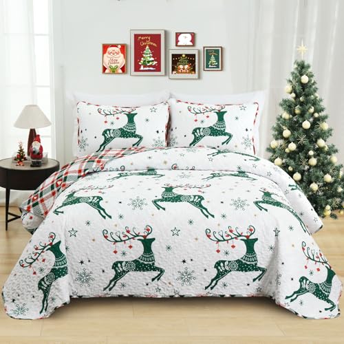Dinjoy Quilt Set Queen ﻿Size Christmas,Green White Bedspreads with Xmas Reindeer Printed Pattern Festival Rustic Bedding Set Reversible Rustic Coverlet Bed Set for All Season 96"x90"