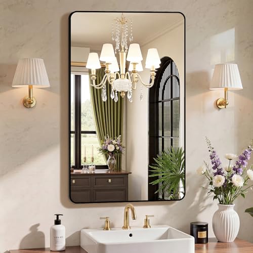 Image of NEWBULIG 20X28 Inch Bathroom Mirror, Rectangle Wall Mirror with Rounded Corners, Black Vanity Mirrors for Bathroom Sink with Metal Frame for Bedroom, Entryway, Hangs Horizontally or Vertically