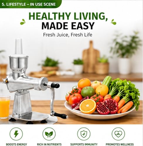 Image of Manual Hand Juicer with Suction Base | Aluminium Body Citrus Squeezer | Tabletop Lemon Orange Lime Juicer with Crank Handle | Easy & Efficient Fruit Press