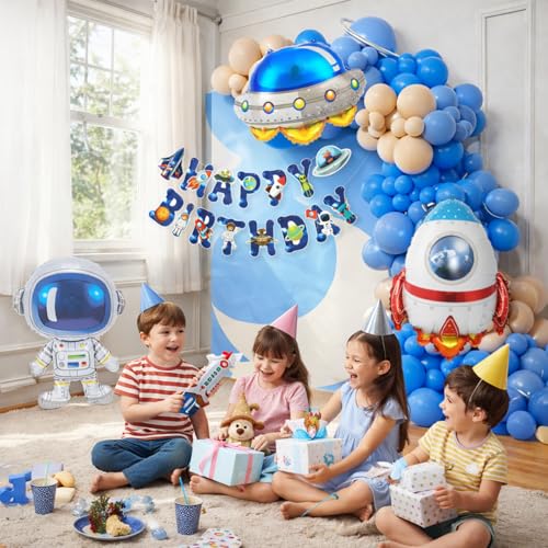 Image of Space Theme Birthday Decoration Kit for Boys & Kids - 50 Pcs Happy Birthday Banner with Rocket, Astronaut & UFO Foil Balloons Set for Space Party & Galaxy Theme Bday Decor