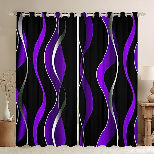 Homemissing Purple Grey and Black Stripe Blackout Curtains(30%-50%) Geometric Ombre Window Curtains Kids toddler Swirl Lines Window Dreapes Pastel Gradient Stripes Window Treatments W46*L72