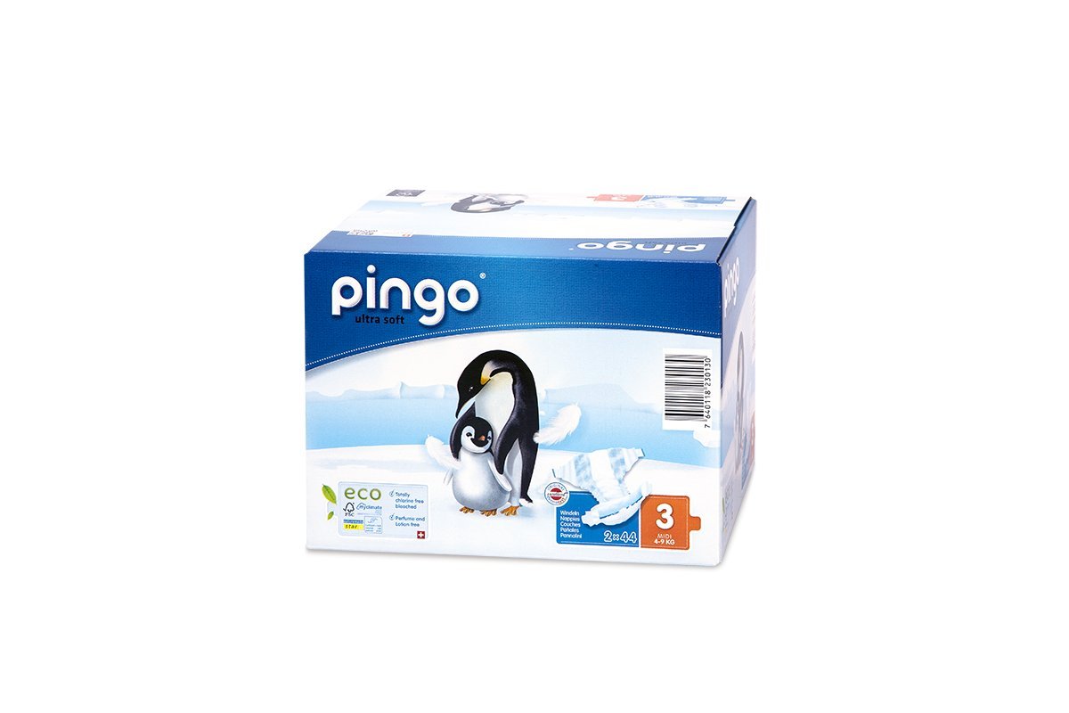 Pingo - Pañales Talla 3 Midi - 2 paquetes de 44 unidades- 4-9 kg -Pañales para bebé - Anti-alergénicos sin perfume - Máxima Absorción - Pañales ecológicos - Pieles sensibles - Color Blanco