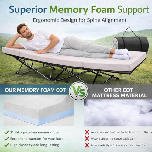 Image of ABORON XXL Camping Cot with 2in Memory Foam Mattress, 900LBS Heavy Duty Sleeping Cot for Adults, Extra Wide Sleeping Cot, 1200D Double Layer Oxford Cot for Camping, Guest, Office Nap
