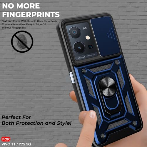 Image of AESTMO Tough Armor Vivo T1 5G / Y75 5G / iQOO Z6 5G Bumper Back Case Cover | Ring Holder & Sliding Camera Shield Cover | 360 Degree Protection Back Case Cover (Blue)