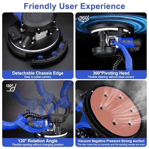Protmex Drywall Sander -1000W Wall Sander with Vacuum Dust Collection and LED Light 6 Speed 800-2200RPM 15Pcs Sanding Discs Foldable Extendable Electric Sanding Machine for Walls Popcorn Ceiling,Blue - Image 6