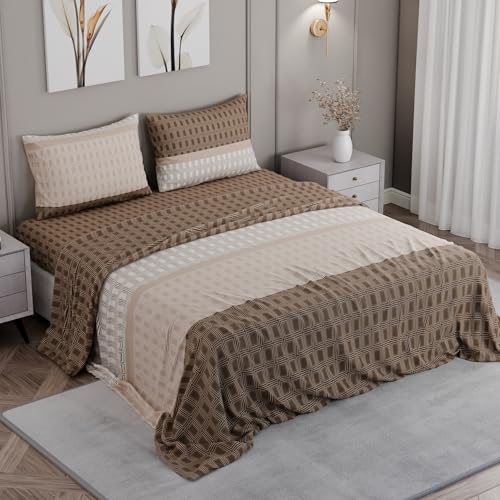 Image of BLISSHOME SoftTouch 150TC Cotton King Size Printed Bedsheet with 2 Pillow Covers for Double Bed, Silky Smooth Bedding Set, Breathable, Easy Maintain, Geometric Pattern - Brown (228cm X 274cm)