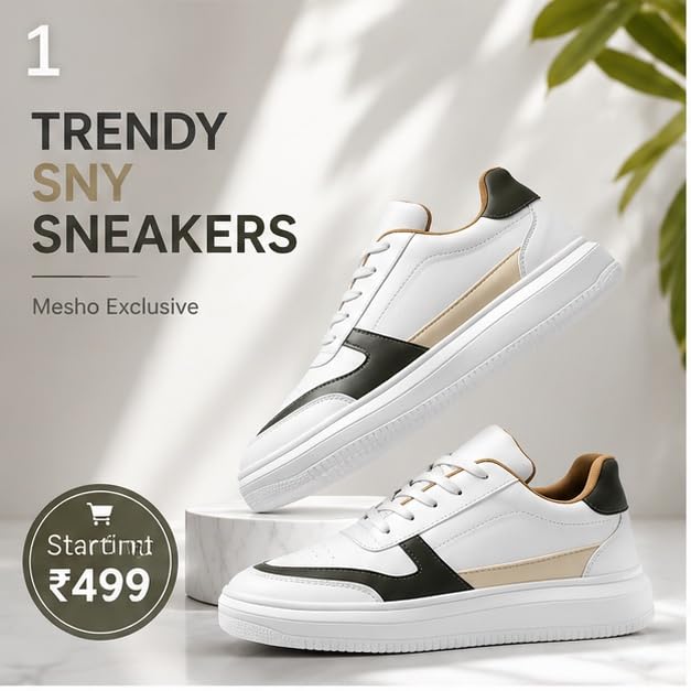Image of Men White Casual Sneakers | Lightweight Lace-Up Walking Shoes | Comfortable Fashion Sneakers for Men | Stylish Breathable Anti-Slip Casual Footwear for College Office Travel