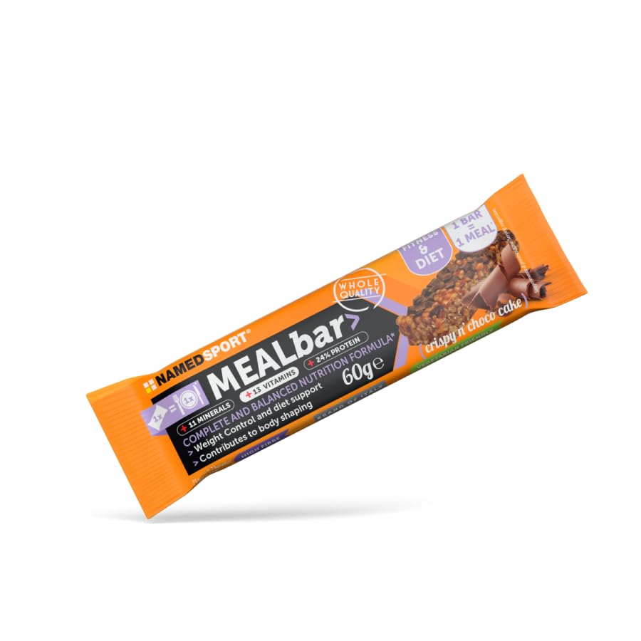 NAMEDSPORT MealBar> Crispy Choco Cake 20 x 60g | Barrette Proteiche Sostitutive Pasto | Pasto Sostitutivo Dimagrante Ricco di Fibre con 13 Vitamine e 11 Minerali | Senza Olio di Palma | Vetegariano