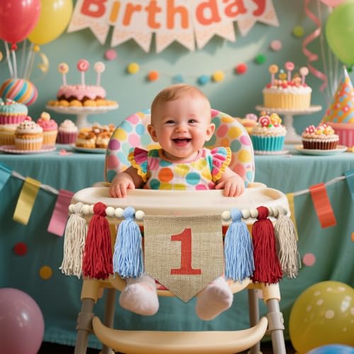 FUTNH 1st Birthday High Chair Banner，Wood Bead Tassel Garland，First Party Tassel Banner，Birthday Photo Backdrop，Wall Hangings Decorative for Kids Bedroom Nursery (Red) by FUTNH - Image 2