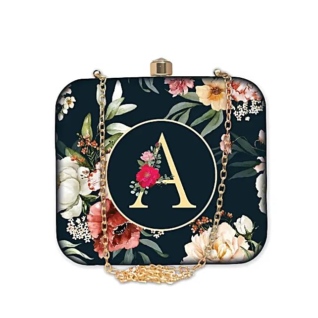 artklim Black Personalised Name Initial Floral Art Printed Clutch Bag for Women & Girls | Rakhi Gift for Sister | Rakhi Gift | Name initial Customized Gift for Sister | Rakshabandhan Gift-picture-34