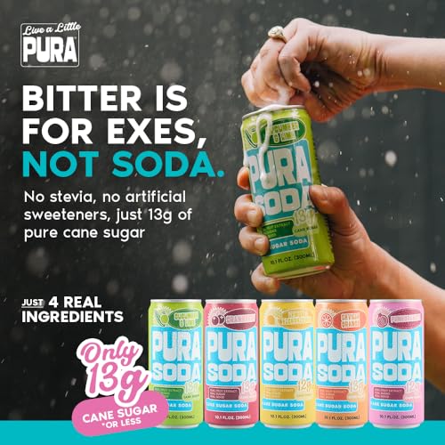 Image of PuraSoda Cranberry - 12g Pure Cane Sugar Soda, 10 Fl Oz, Pack of 24 | Real Fruit Extract, Non-Gmo Vegan, No Stevia Or Artificial Sweeteners, 13g Cane Sugar, 10 Fl Oz Cans