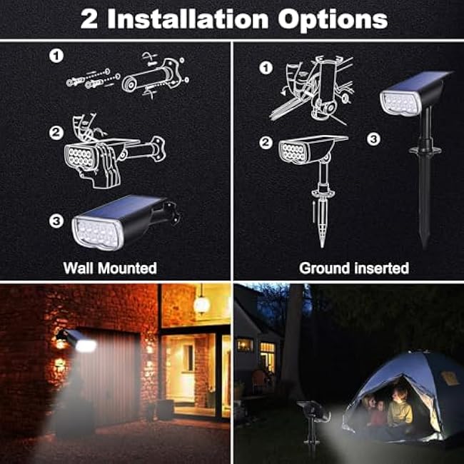 Solar Spot Lights Outdoor Waterproof IP67, Soalr Dusk to Dawn Landscape Spotlights Daylight Wall Lights for Yard Garden Pathway 2 Pack
