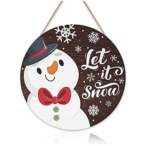 CHDITB Let It Snow Rustic Winter Door Sign Plaque(12"x 12"), Snowflake Snowman Vintage Wall Door Sign, Wooden Winter Decoration for Door Home Garden Living Room New Year Gift Cover