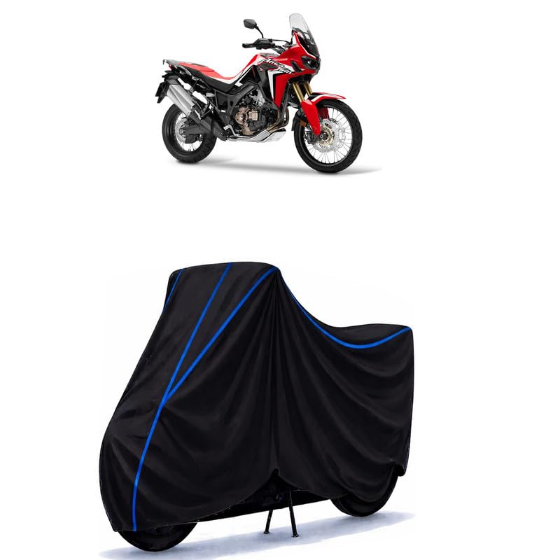 Image of Africa Twin DCT Bike Cover Water Resistant Universal Motorcycle Rain | Heavy Duty UV Protection, Dust, Scratch Indoor Outdoor All Weather with Black Blue Piping Elastic
