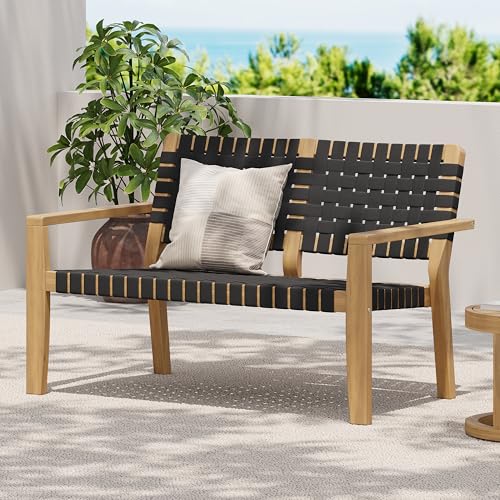 Merax Patio Furniture Acacia Wood Bench, Woven Rope Outdoor Loveseat Sofa, 2-Person Deep Seating Porch Bench for Garden, Backyard Park Balcony, Light Teak Finish & Black