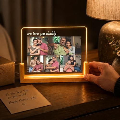 Image of Giftplease Personalized We Love You Daddy Acrylic LED Photo Frame with Wooden Base | Customized Multi-Photo Lamp Gift for Father's Day, Birthday | Warm Glow Night Light