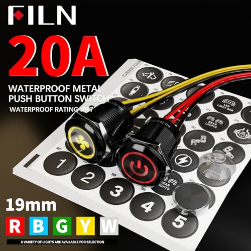 Image of 2-Pack 19mm Latching Push Button Switch IP67 20A 12V-24V Red | Zink Aluminium 180 replaceable symbols for car truck motorcycle boat horn light fan pump control pre-wired easy install