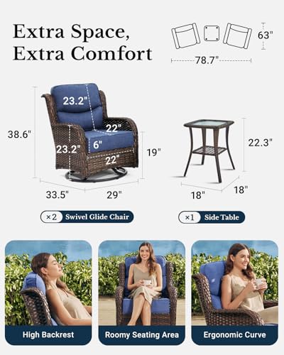 HILLGA Luxury Patio Furniture Set with 6-inch Thick Cushion, Outdoor High Back Swivel Rocker Patio Chairs, 3PCS Wicker Conversation Set for Deck Yard and Poolside, Blue (V2)