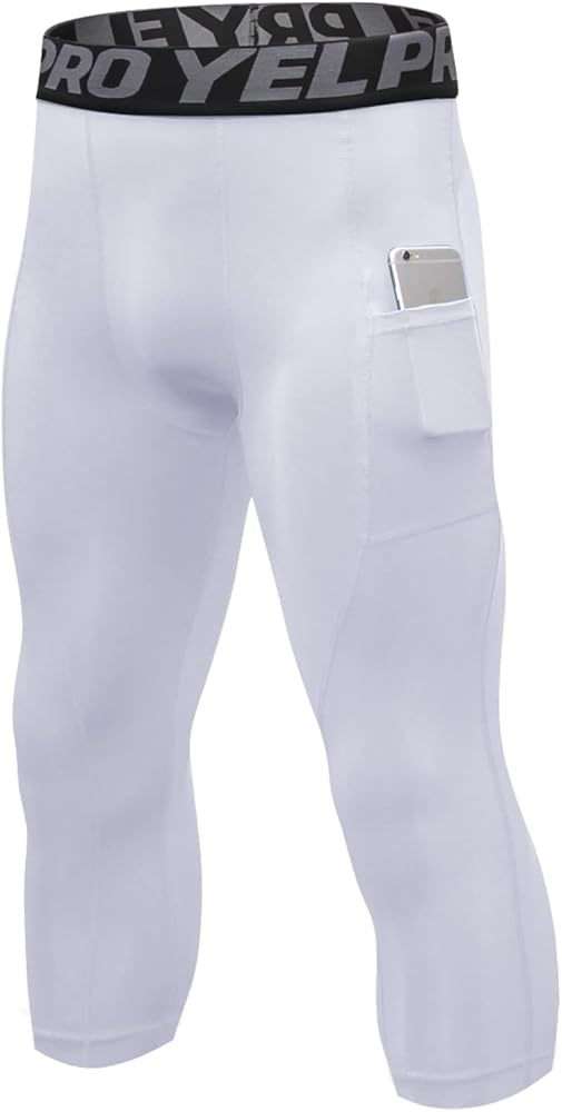 3 Pack Legging Sport Homme 3/4 Collant Running Avec Poches, Séchage Rapide Pantalon De Compression Pour Jogging Cyclisme Course Blanc S