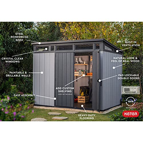 Image of Keter Artisan 9x7 Foot Large Outdoor Shed with Floor with Modern Design for Patio Furniture, Lawn Mower, Tools, and Bike Storage, feet, Grey /Black