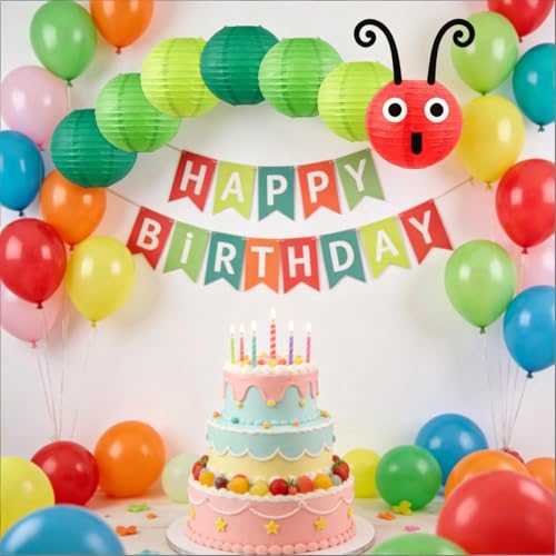 Image of Hungry Caterpillar Paper Lanterns - Green Cartoon Style | Hanging Decor for Back to School, Birthday, Classroom Decorations and Theme Parties (14-Pack, 8 /10 Inch)