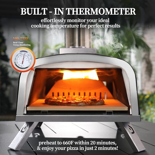 Black Portable Wood and Gas Pizza Oven with Thermometer for Outdoor Backyard Camping