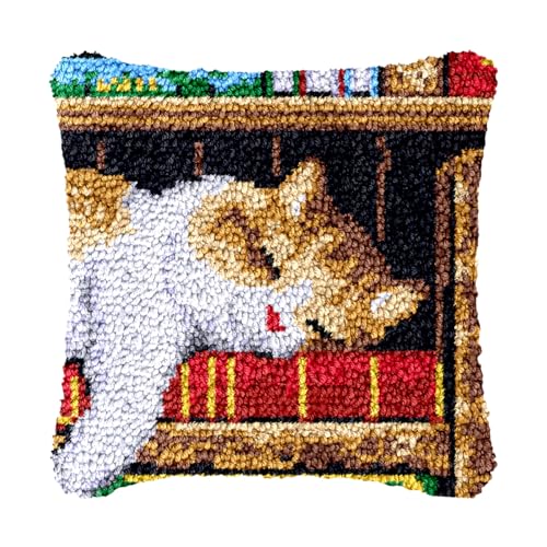 Image of bositigo Cat Latch Hook Pillow Kit for Adults & Kids, DIY Pre-Printed Canvas Craft, 17x17 Inch Decorative Cover for Sofa Cushions, Bedroom Decor (Cat Pattern 6)