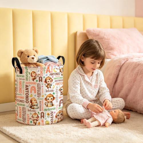 Image of Custom Monkey Laundry Hamper, Personalized Laundry Basket with Name, Customized Dirty Clothes Basket for Clothes Toy Bathroom Bedroom Storage,S-16.5 inchX 13.8 inch