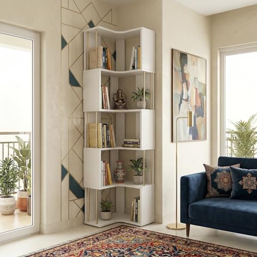 Image of Studio Kook Vista Engineered Wood Corner Bookshelf | Bookcase (Matte Finish) (Moonshine White)