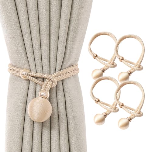 SanKristo Curtain Tiebacks 4 pcs, No Punching Adjustable Length with Big Double Woven Ball, Decoration Curtain Ties Tie-Backs Accessories Curtain Holdbacks Beige