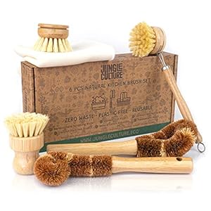 Jungle Culture® 6 Piece Natural Dish Brushes for Washing Up ⢠Eco Dish Brush Kitchen Cleaning Set ⢠Plant Based Coconut Scrubbers ⢠Bottle/Pot Brush & Eco Friendly Scourer Sponge for Pans & Dishes