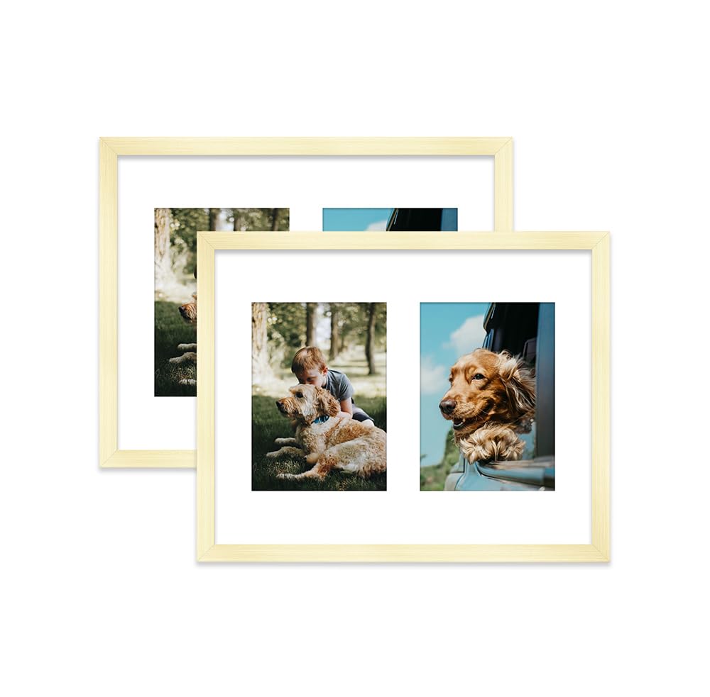 Gold Multi Photo Frame - Holds 2 x 7x5 Pictures, Family Collage Picture Frame for Wall Display, 14x11 Frame size, Set of 2