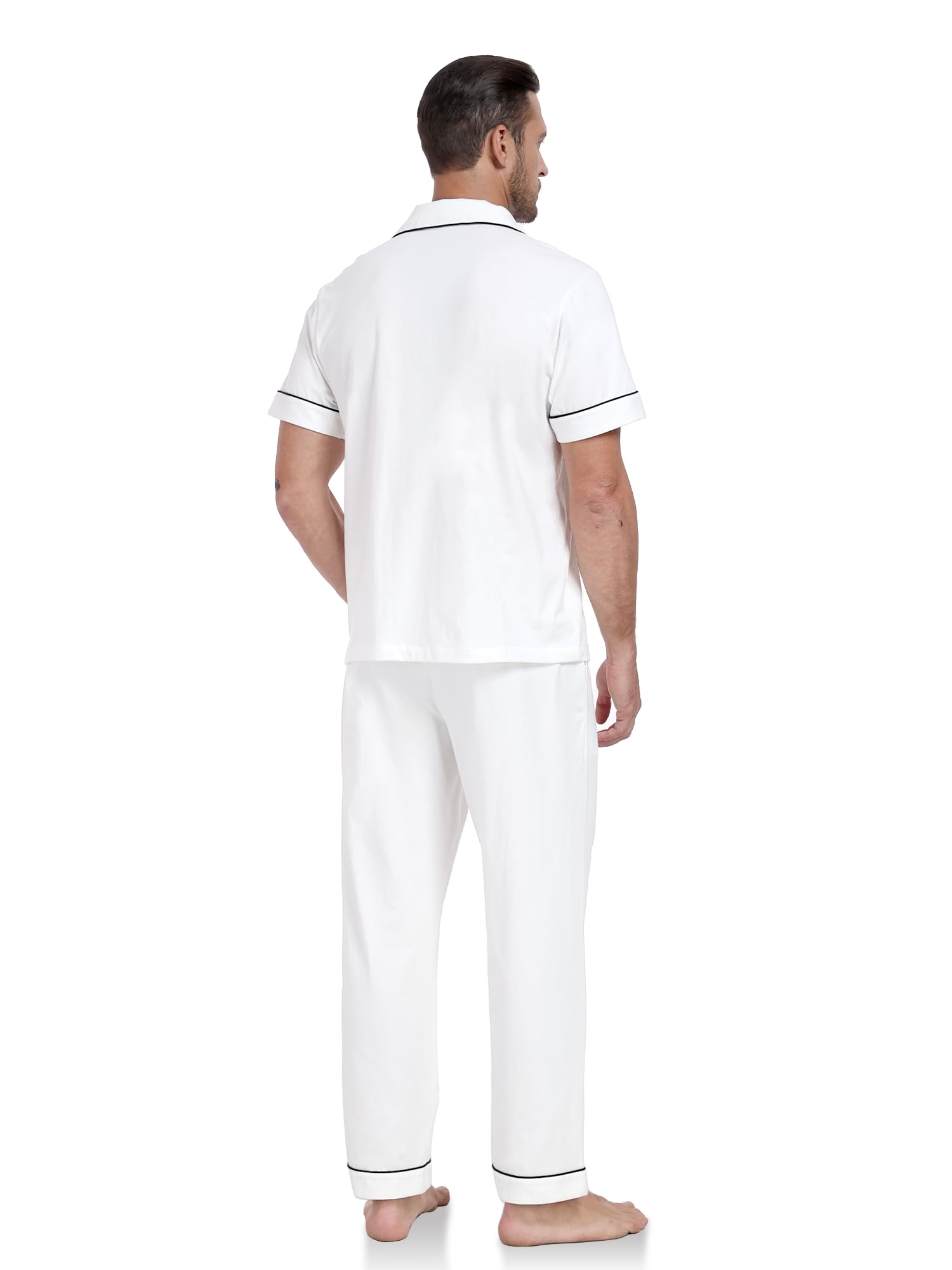 ANLIQI Herren Pyjama-Set 100% Baumwolle Kurzärmelig mit Knopfleiste, Lange Hose mit Taschen, Nachtwäsche Lounge-Wäsche S–XL