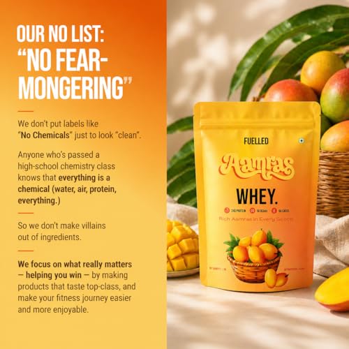 Image of FUELLED Whey Protein Powder with 24g Protein, 5g BCAAs, Aamras Flavour, 1 kg, 28 Servings, Gluten Free, Post Workout Recovery Supplement