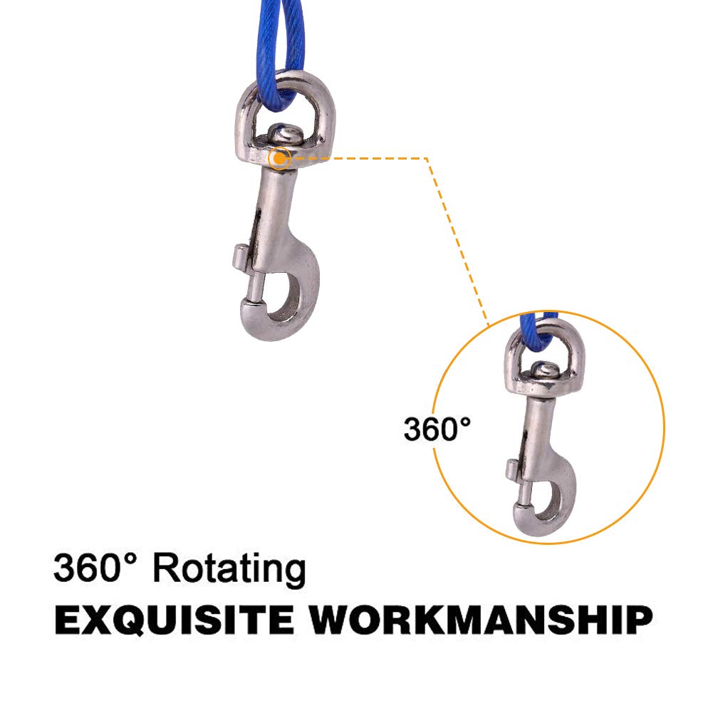 Dog Chain Extendable for Pets Long Steel Wire Dog Rope with Double Clips, Chew Resistant Tie Out for Picnic, Camping, Outdoor Use Secure Animal Safety with Durable Cord (Blue)