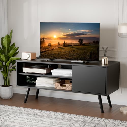 AUREUM OPAL TV Schrank, Lowboard für Fernseher bis zu 50 Zoll, mit 2 offenen Fächern unten und einem Schränkchen mit Tür, Fernsehtisch für Wohnzimmer, Esszimmer, Schlafzimmer (Schwarz, 110 cm)