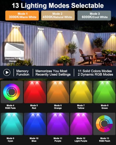 Image of 12 Pack Solar Fence Lights, Fence Lights Solar Powered with Ultra-Bright Lens Warm White + RGB 13 Color Mode IP65 Waterproo for Backyard /Step /Patio /Deck /Stair /Railings-White