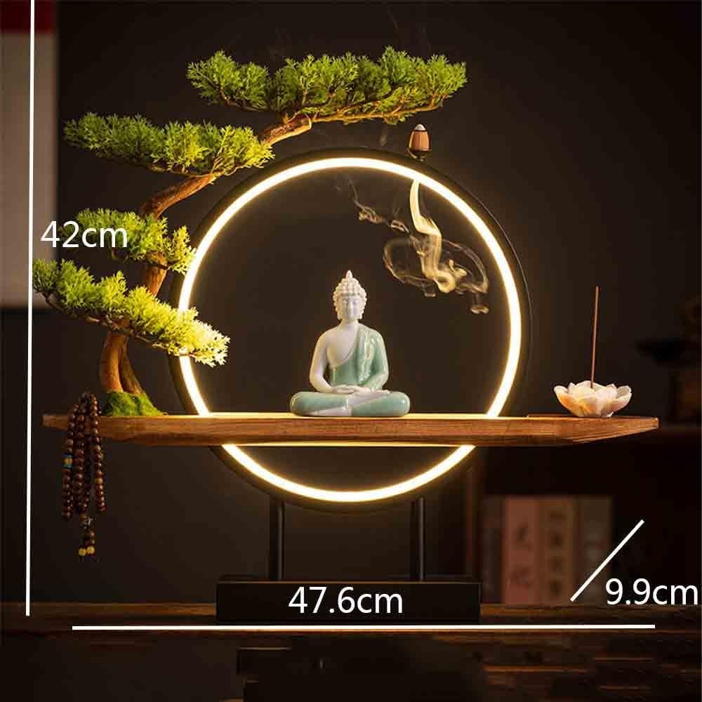 Decorazione della statua del Buddha Ornamento con statua di Buddha in ceramica verde abbinato a un anello luminoso ad albero simulato, decorazione Feng Shui