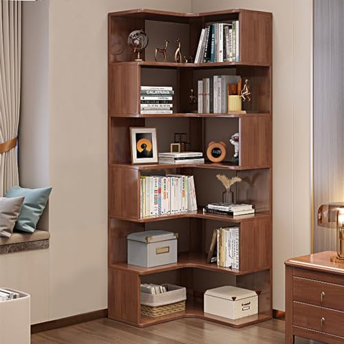 KINGBO 6-Tier Corner Bookshelf, 75" Tall Solid Wood Bookshelf Organizer, Open Bookcase, Large Display Shelf Rack for Living Room, Bedroom and Home Office, Walnut
