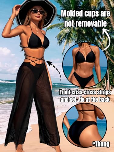 3 Piece Bikini Sets with Mesh Cover Up Pants, Halter Cheeky Thong Swimsuits, Sexy Bathing Suits for Women3